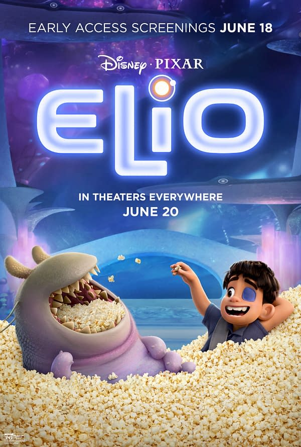 A colorful animated poster for the Disney-Pixar film 'Elio,' featuring a character with dark hair smiling while surrounded by popcorn, alongside a whimsical, purple creature with an open mouth full of popcorn. The background showcases an otherworldly setting with vibrant colors.
