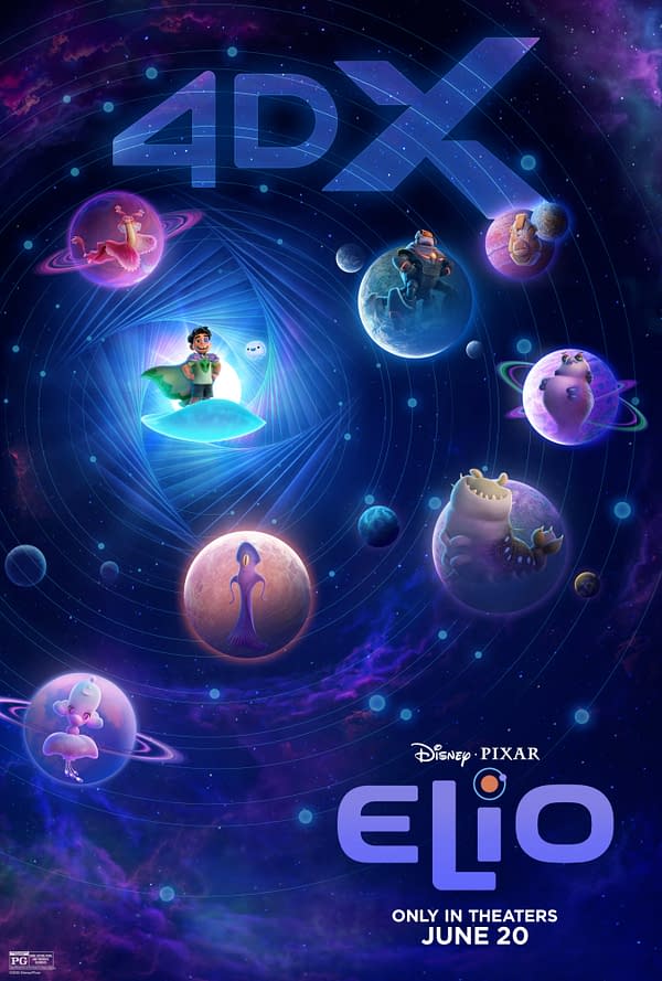 A vibrant key art illustration for the animated film 'Elio' by Disney Pixar, featuring a central character in a green cape standing on a floating platform surrounded by colorful planets and whimsical creatures, with the text '4DX' prominently displayed above and release date 'June 20' below.