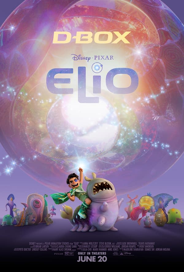 Promotional illustration for the Disney-Pixar film 'Elio', featuring a young character in a green outfit riding a whimsical creature, set against a cosmic background. The image highlights the title 'Elio' along with the release date 'June 20'.
