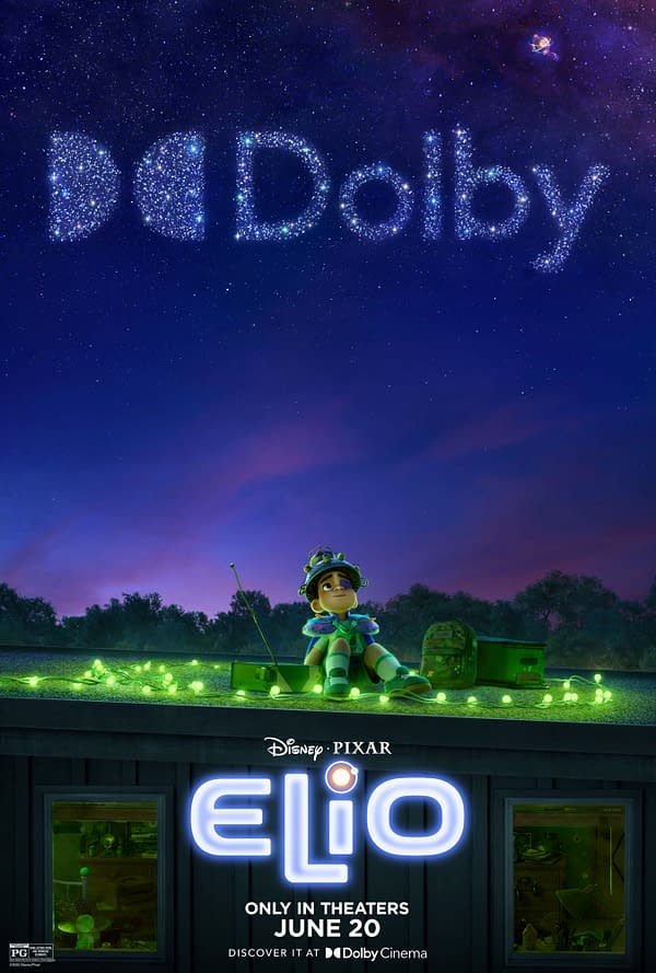 A colorful animated poster for the Disney Pixar movie 'Elio', featuring a young child sitting on a rooftop surrounded by green string lights, with a starry sky overhead forming the word 'Dolby'. The poster indicates the film's release in theaters on June 20.