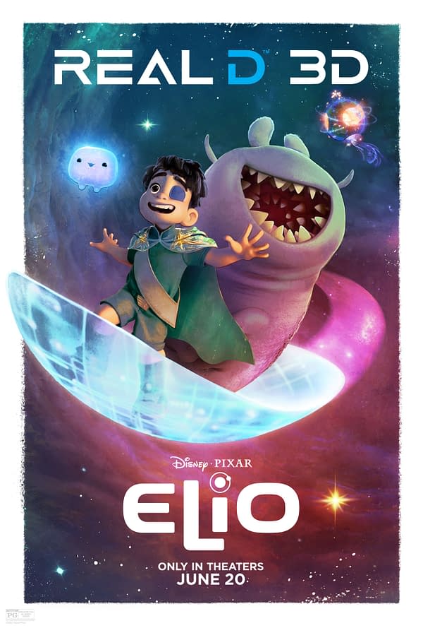 An animated poster for the movie 'Elio' featuring a young boy with dark hair and a green cloak, joyfully riding a glowing surfboard through a colorful space scene. A friendly alien creature, with a large mouth and cheerful expression, accompanies him, alongside a glowing blue character resembling a ghost.
