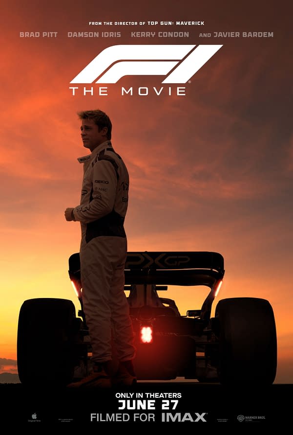 A dramatic movie poster for 'F1: The Movie' featuring a racecar driver in a racing suit against a stunning sunset background. The poster highlights the film's release date and includes the names of notable cast members.