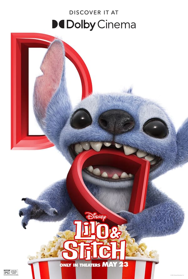 A colorful poster featuring Stitch, the blue alien character from Disney's 'Lilo & Stitch,' playfully holding a large red letter 'D' with a bowl of popcorn at his feet. Prominent text announces the film's release in theaters on May 23 and promotes Dolby Cinema.