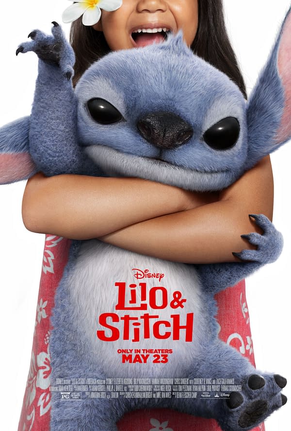 A promotional poster for Disney's 'Lilo & Stitch,' featuring a girl joyfully embracing Stitch, a blue, furry alien creature. The poster includes the release date 'May 23' and vibrant colors that highlight the playful theme.