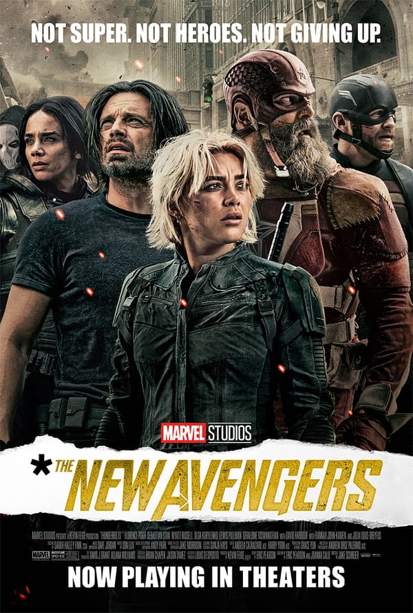 A promotional poster for 'The New Avengers' featuring a diverse group of characters in a post-apocalyptic city setting. The tagline reads, 'Not super. Not heroes. Not giving up.' and the Marvel Studios logo is present at the bottom.