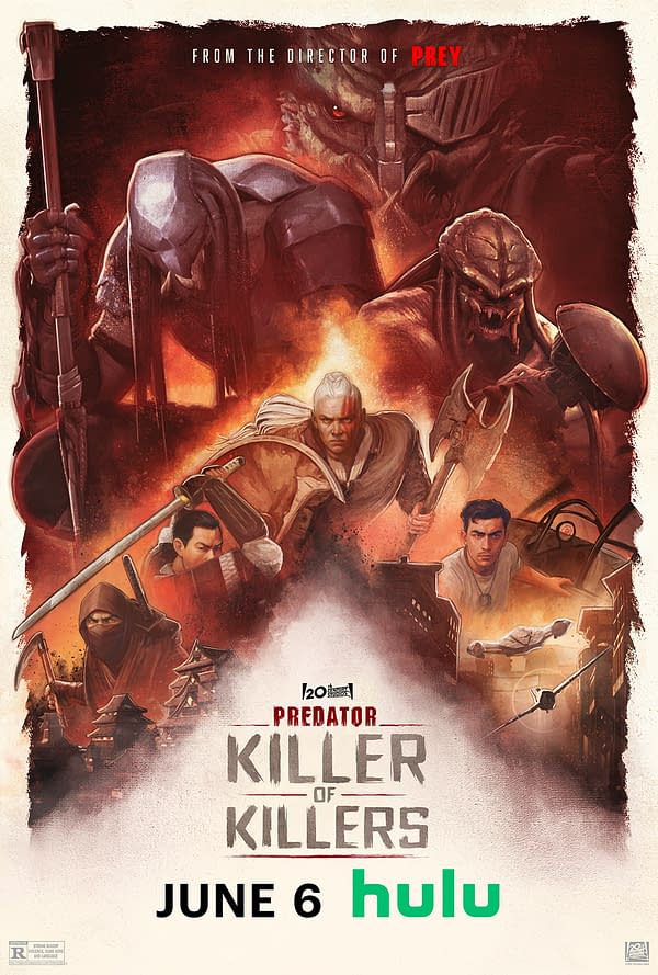 A poster for 'Predator: Killer of Killers' featuring dynamic illustrations of various warriors and predators engaged in battle, with a dramatic background. The release date, 'June 6', and the streaming service 'Hulu' are prominently displayed.