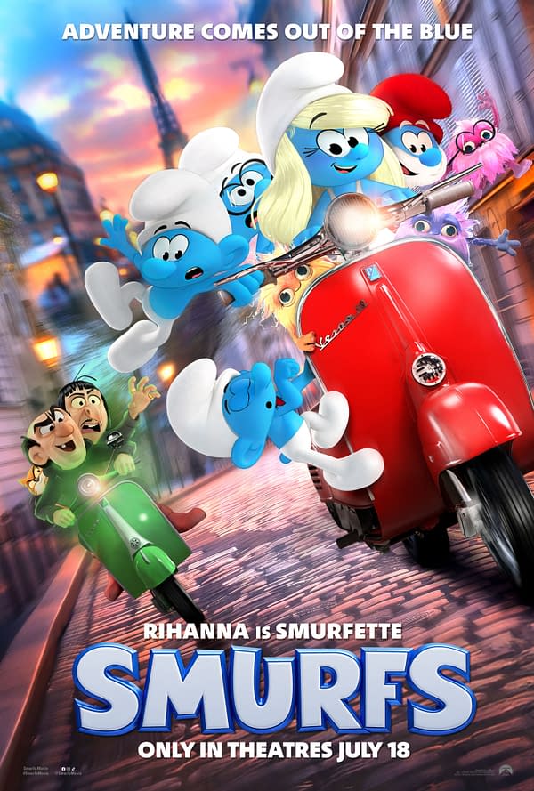 A colorful cartoon poster for the movie 'Smurfs,' featuring several Smurf characters, including Smurfette, riding a red scooter. The text 'Adventure Comes Out of the Blue' is prominently displayed at the top, with the release date 'Only in Theatres July 18' at the bottom.