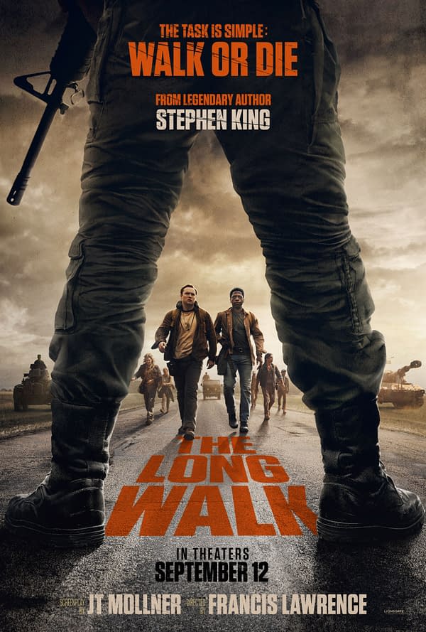 Movie poster for "The Long Walk," featuring the legs of a soldier in the foreground and several characters walking down a long road, with the tagline "The task is simple: Walk or die" and the name of the author, Stephen King.