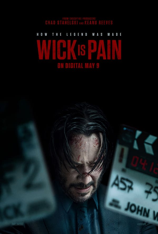 A promotional illustration for the film featuring Keanu Reeves as John Wick, showing him with blood on his face and a pained expression. The text 'WICK is PAIN' is prominently displayed, along with the release date 'ON DIGITAL MAY 9'.