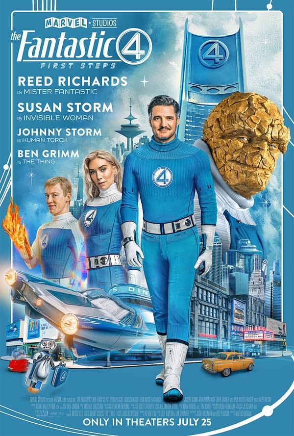 A movie poster for 'The Fantastic Four: First Steps' featuring four characters in blue superhero costumes: Reed Richards as Mister Fantastic, Susan Storm as Invisible Woman, Johnny Storm as Human Torch, and Ben Grimm as The Thing. They stand in front of a city skyline, with a futuristic vehicle visible behind them.