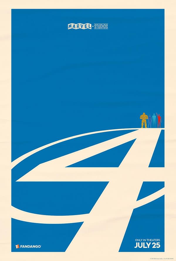 A promotional poster for the movie featuring a bold blue background with the iconic Fantastic Four logo. Silhouettes of four characters are positioned on the right, with the release date "ONLY IN THEATERS JULY 25" displayed at the bottom.