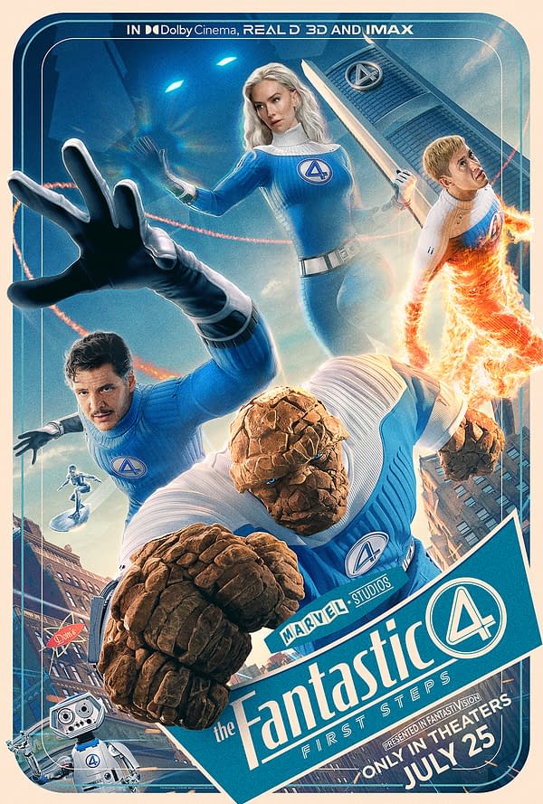 A colorful promotional poster for 'The Fantastic Four: First Steps' featuring the four superheroes in dynamic poses. It highlights their iconic blue outfits and abilities, with a futuristic city backdrop.