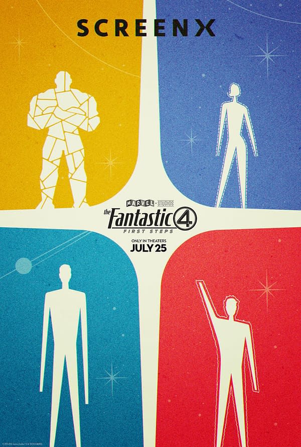 A colorful promotional poster for 'The Fantastic Four: First Steps' featuring stylized, outlined figures representing the characters against a background of orange, blue, yellow, and red sections. The text highlights 'SCREENX' and includes release details with 'ONLY IN THEATERS JULY 25.'
