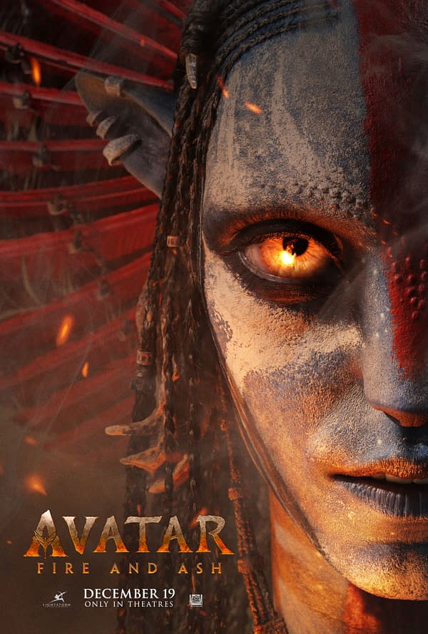 A promotional poster for 'Avatar: Fire and Ash' featuring a character with intricate facial markings and an intense gaze, highlighted by a glowing orange eye. The poster includes the movie title and release date, set against a dramatic backdrop.