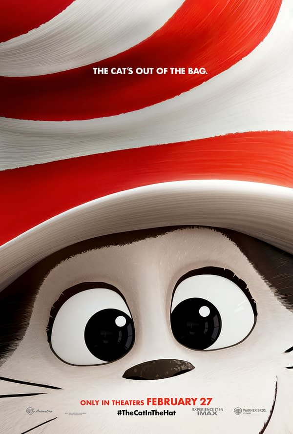 A close-up illustration of the Cat in the Hat character, featuring large expressive eyes and a signature red and white striped hat, with the text 'THE CAT'S OUT OF THE BAG' prominently displayed above. The image promotes the film set to release in theaters.