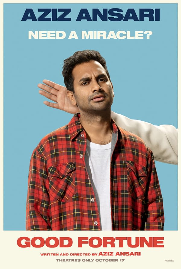 A promotional poster for the film 'Good Fortune,' featuring Aziz Ansari with a thoughtful expression, wearing a red and black plaid shirt. The background is a light blue, and text on the poster includes 'Need a Miracle?' and details about the film's release.