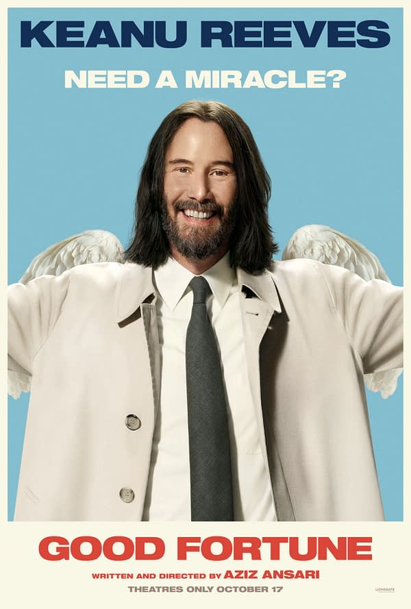 A promotional poster for the film 'Good Fortune' featuring Keanu Reeves smiling, dressed in a light coat over a suit with a tie, and angelic wings on his back. The text above him reads 'NEED A MIRACLE?' and the title 'GOOD FORTUNE' is prominently displayed at the bottom.