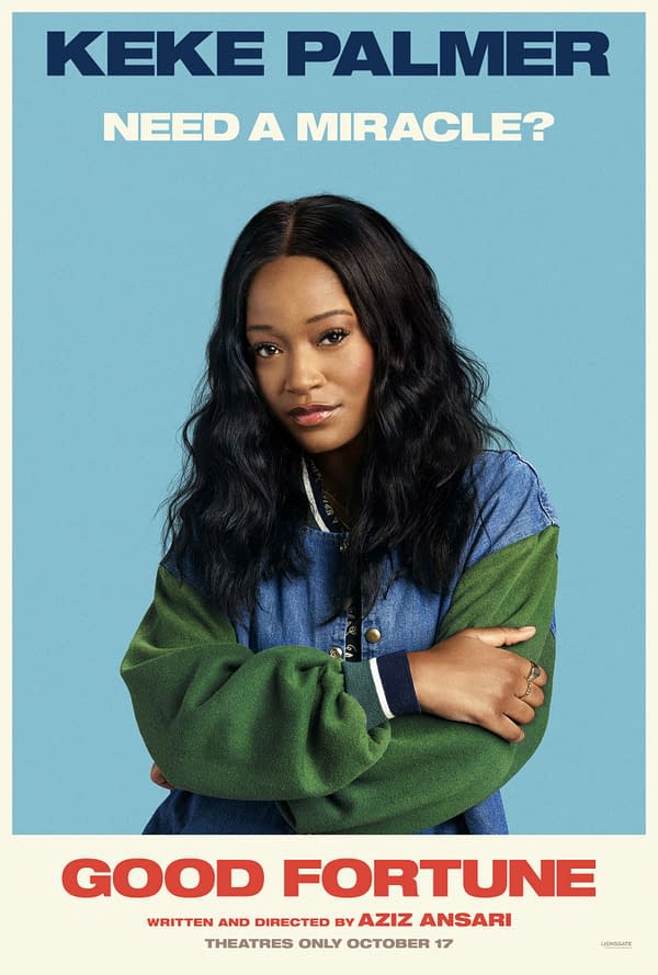 A promotional illustration for the film "Good Fortune" featuring Keke Palmer with a neutral expression, wearing a green and blue jacket. The background is light blue, and text prompts viewers with the question "Need a Miracle?" along with the movie title and credits.