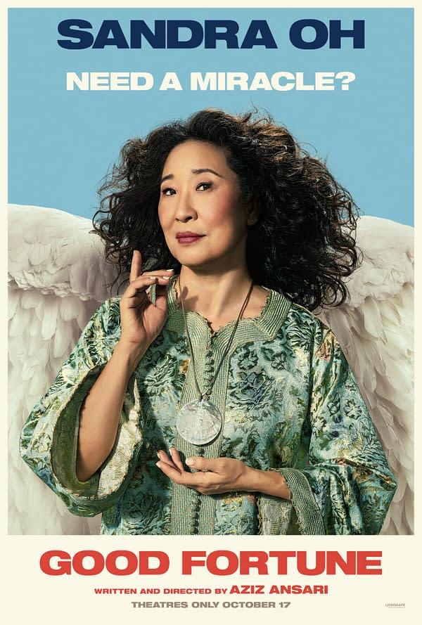 A promotional illustration for the movie 'Good Fortune' features Sandra Oh, dressed in an ornate green garment and holding a circular pendant, with angel wings in the background. The text 'NEED A MIRACLE?' appears above her, while the movie title is displayed at the bottom.
