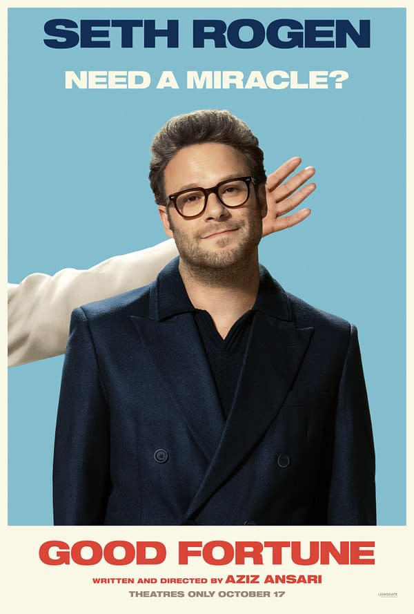 A promotional poster featuring actor Seth Rogen in a navy coat, looking confidently at the viewer with a soft smile. The background is a light blue, and there is a hand reaching from behind him, adding a humorous touch, with the title "Good Fortune" prominently displayed at the bottom.