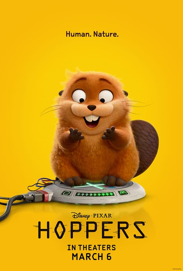 A cheerful animated beaver with a fluffy orange-brown coat sits on a futuristic device, smiling and gesturing with its paws. The background is bright yellow, and the poster includes the titles 'HOPPERS' and 'IN THEATERS MARCH 6.'