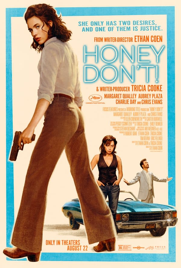 A movie poster for 'Honey Don't!' featuring a woman in a white shirt holding a gun, set against a light background with blue accents. Below her, two characters are depicted, one wearing a black top and the other in a suit, with a vintage blue car in the background. The release date is noted as August 22.