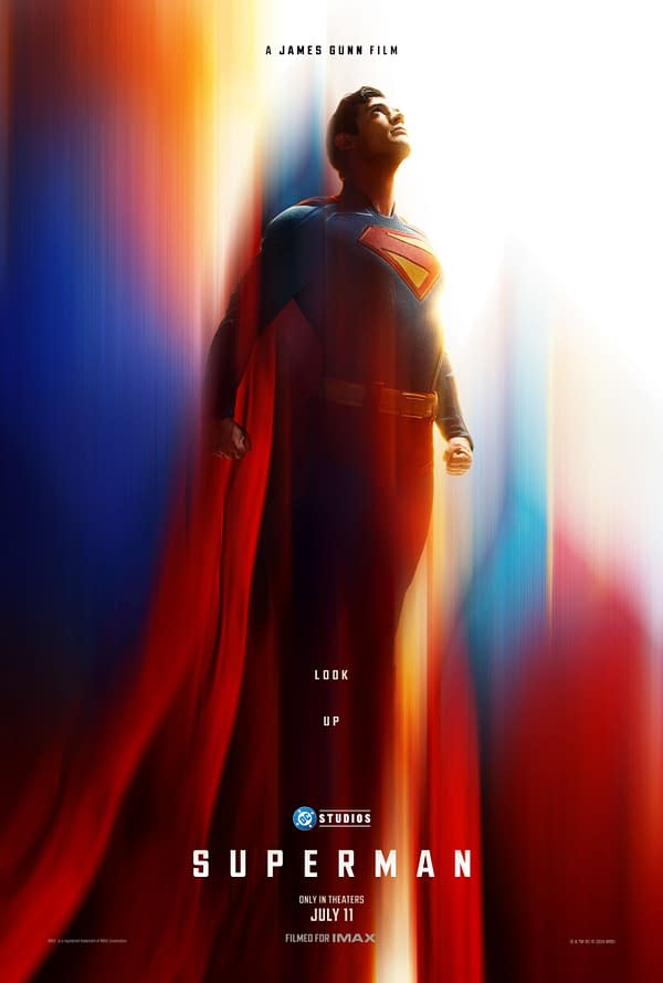 A vibrant movie poster for 'Superman,' featuring a character dressed in a blue suit with a red cape, looking upward against a colorful gradient background. The title 'SUPER MAN' is prominently displayed along with release details.