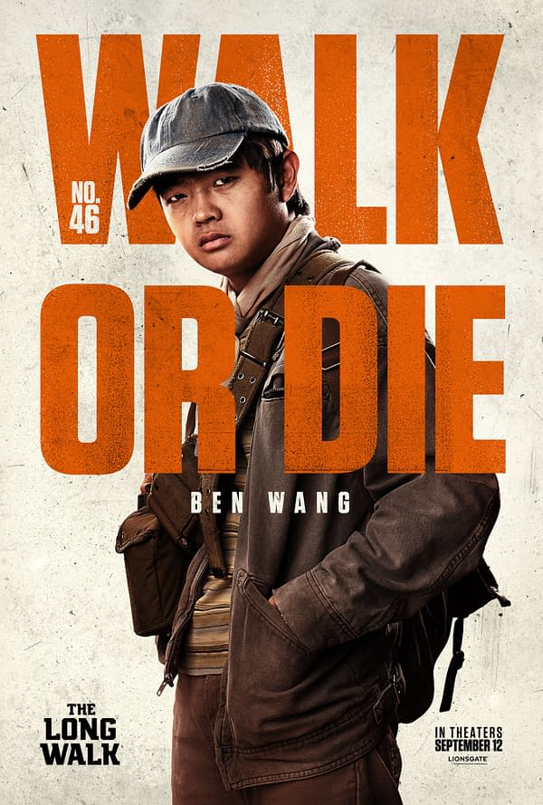 A promotional illustration for the film "The Long Walk," featuring a young character named Ben Wang, who has a serious expression and is dressed in a brown jacket and cap. The bold text overlay reads "WALK OR DIE" with the film's title and a release date below.