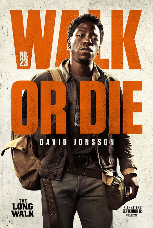 A movie poster featuring a young man named David Jonsson, standing with a serious expression. The poster prominently displays the phrase "WALK OR DIE" in large orange letters, along with the title "THE LONG WALK" at the bottom.