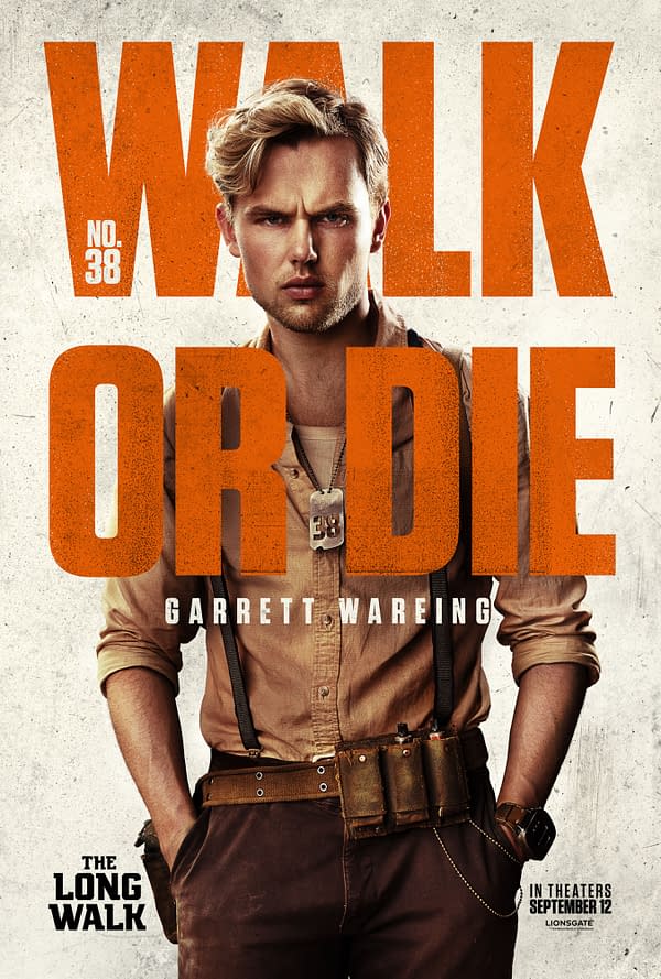 An illustrated movie poster for 'The Long Walk' featuring a character named Garrett Wareing, depicted with a serious expression and dressed in a tan shirt with a utility belt. The bold text 'WALK OR DIE' dominates the design, emphasizing the movie's intense theme.