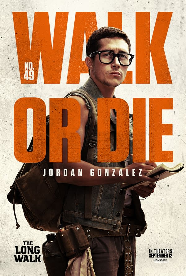 A movie poster for 'The Long Walk' featuring a young man named Jordan Gonzalez holding a notebook, dressed in a sleeveless denim jacket and accessories like a belt and bag. The bold text reads "WALK OR DIE" with the number 49 prominently displayed.