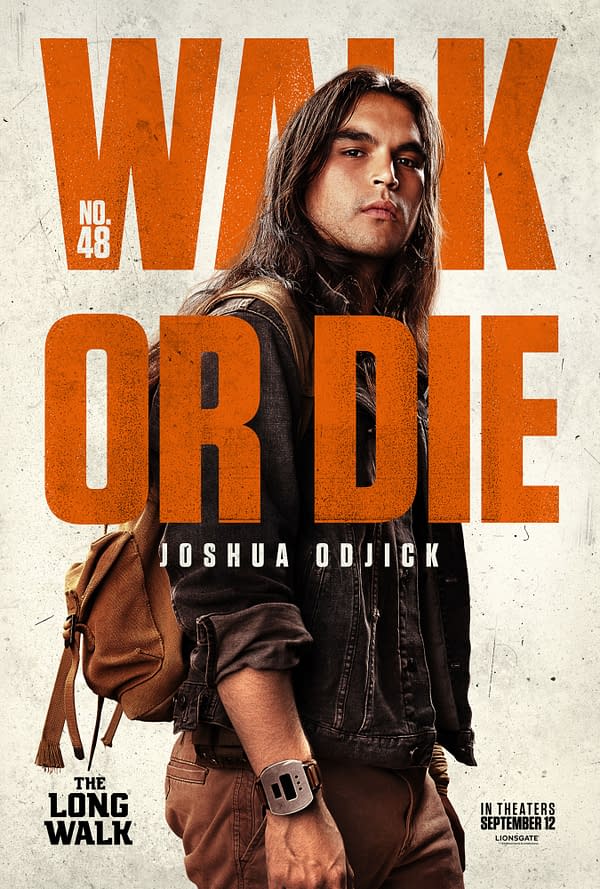 A promotional illustration for 'The Long Walk,' featuring a character named Joshua Odjick. The image prominently displays the bold text 'WALK OR DIE' along with a backdrop suggesting a gritty, dramatic theme, with a focus on the character's serious expression and rugged appearance.