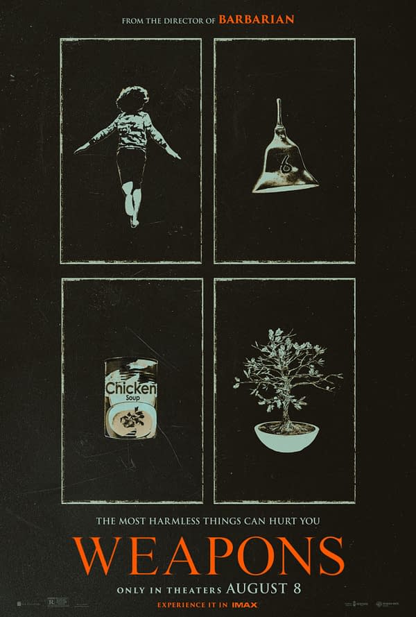 A vertical movie poster titled 'Weapons', featuring four distinct panels: a child playing, a bell, a can of chicken soup, and a potted plant, all suggesting that seemingly harmless items can be dangerous. The poster emphasizes the film's theme, stating 'THE MOST HARMLESS THINGS CAN HURT YOU'.