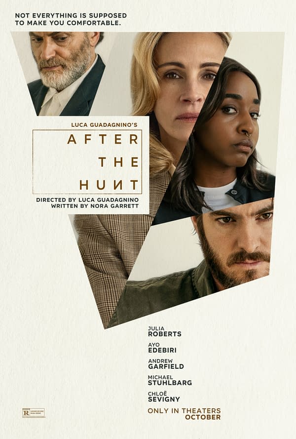 The official poster for 'After the Hunt,' directed by Luca Guadagnino, features close-up portraits of several characters, including a man with a beard, a blonde woman, and a woman of color, set against a neutral background. The title 'AFTER THE HUNT' is prominently displayed, along with a tagline hinting at discomfort and unease.