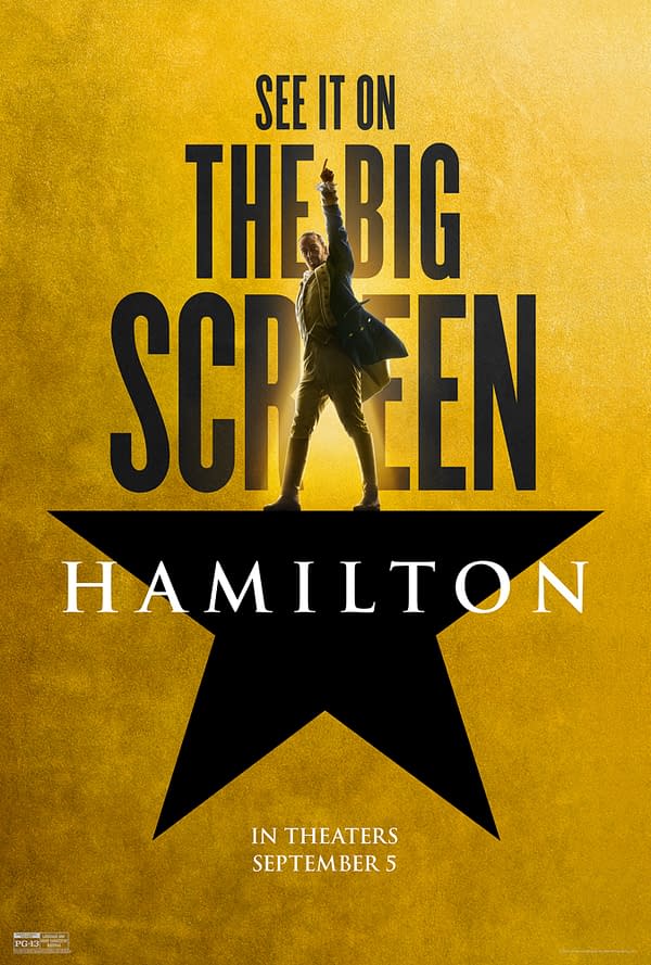 A promotional poster for the musical 'Hamilton,' featuring bold text announcing its screening on the big screen. The background is a vibrant yellow with a prominent black star, and the name 'Hamilton' is displayed at the bottom, along with the release date of September 5.