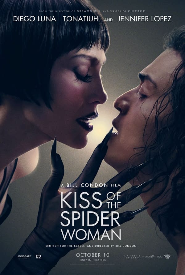 Key art for the film "Kiss of the Spider Woman," featuring a dramatic close-up of two characters about to kiss, with one character dressed elegantly and wearing black gloves, emphasizing a moody and intense atmosphere.