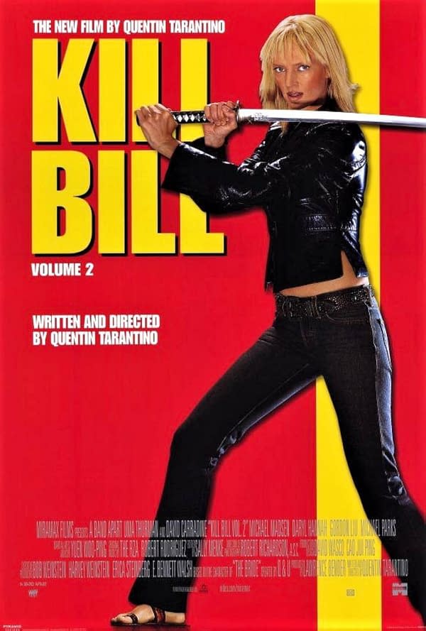 Promotional poster for 'Kill Bill Volume 2' featuring a woman in a black leather jacket wielding a katana against a bold red background, with the title in large yellow letters.