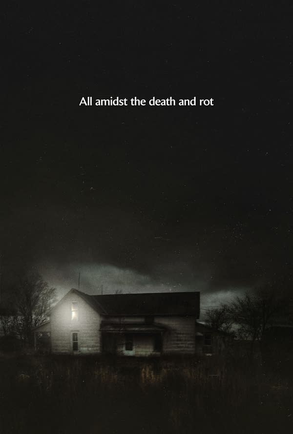 A dark, atmospheric illustration featuring a dimly lit old house amidst a bleak, moody landscape, with a dramatic sky and the text "All amidst the death and rot" prominently displayed. This teaser image relates to the post titled 'Shelby Oaks.'