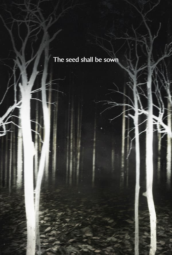 A dark, atmospheric illustration featuring ghostly white trees contrasted against a black background, with the text "The seed shall be sown" prominently displayed. This image evokes a sense of mystery and intrigue, aligning with themes of growth and nature.