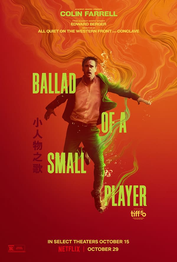 A vibrant movie poster for 'Ballad of a Small Player' featuring a man, likely Colin Farrell, depicted mid-motion as if underwater, surrounded by swirling green and orange hues. The title 'Ballad of a Small Player' is prominently displayed in large green letters.