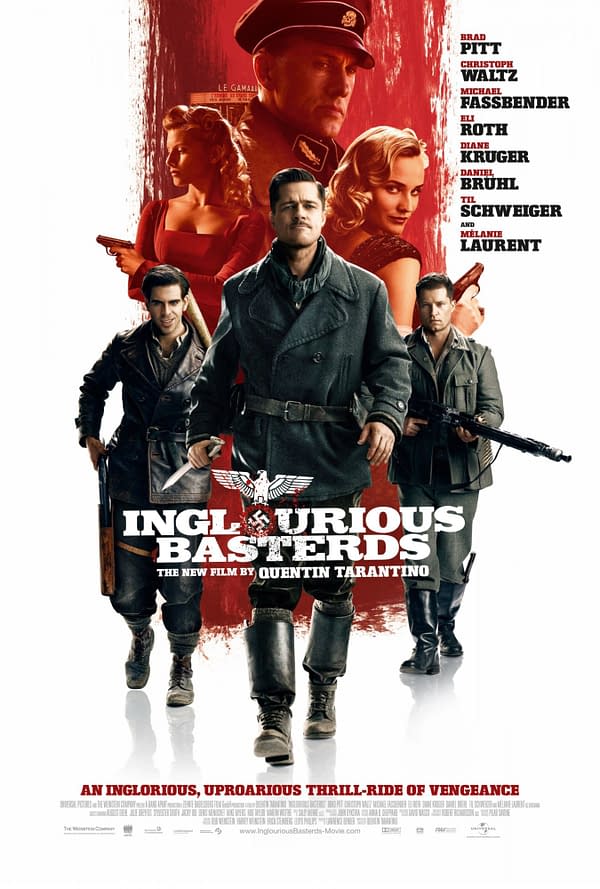 Movie poster for 'Inglourious Basterds,' featuring a group of soldiers led by Brad Pitt, with a red and white background, and the film's title prominently displayed at the bottom.
