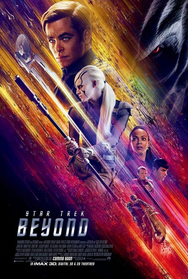A vibrant movie poster for 'Star Trek Beyond' features main characters including a man with short hair, a warrior-like woman, and two others in futuristic costumes, set against a colorful, dynamic background. The title 'Star Trek Beyond' is prominently displayed, with promotional text indicating its release in IMAX 3D and other formats.