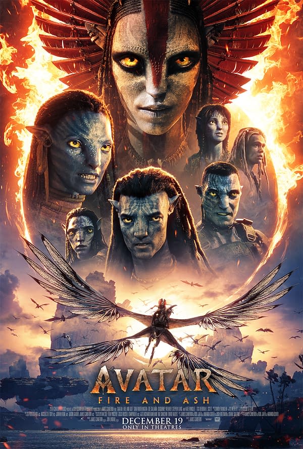 A promotional poster for "Avatar: Fire and Ash" features a vibrant collage of characters from the film, surrounded by flames and ash, emphasizing the fiery themes. The title is prominently displayed at the bottom, alongside the release date.