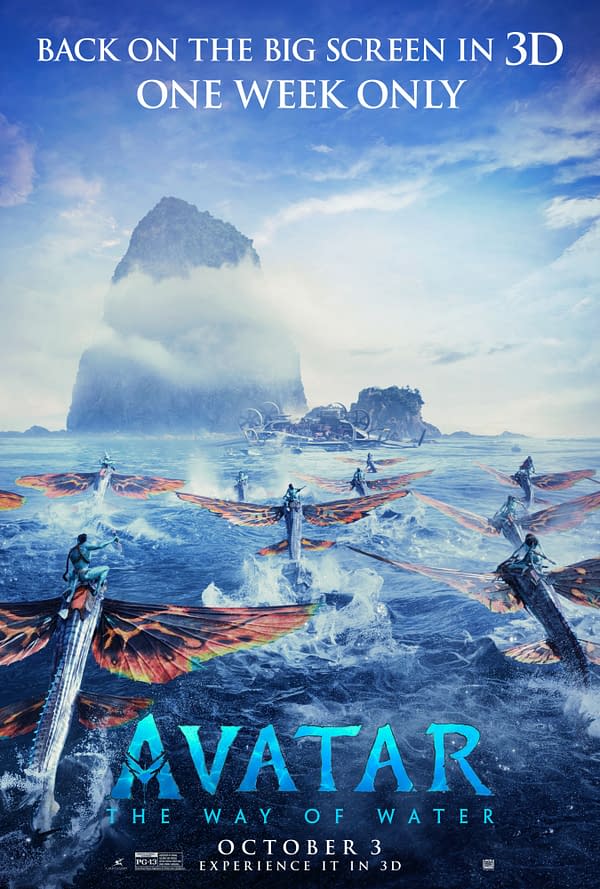 The promotional poster for 'Avatar: The Way of Water' features vibrant colors depicting characters riding large, colorful flying creatures over ocean waves, with a mountainous background. Text at the top announces its re-release in 3D for a limited time.