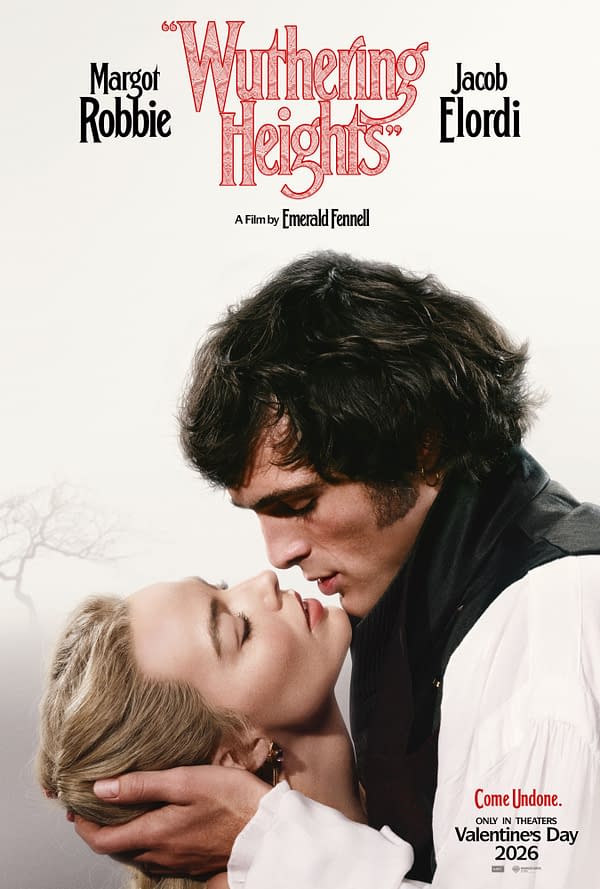 A promotional poster for the film 'Wuthering Heights' featuring actors Margot Robbie and Jacob Elordi in an intimate moment. The background is minimalistic, highlighting the couple's close interaction, with the film's release date and tagline at the bottom.