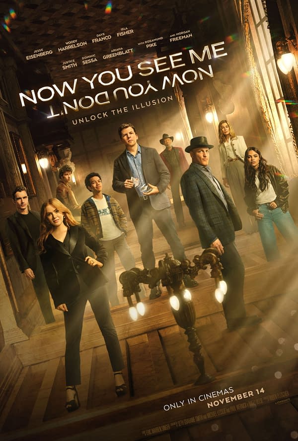 Movie poster for 'Now You See Me: Now You Don't,' featuring a group of stylishly dressed characters in a dramatic setting, surrounded by mist and light effects. The title is prominently displayed, along with the release date and tagline 'Unlock the Illusion.'