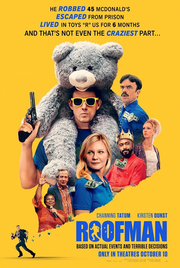 A promotional poster for the movie 'Roofman' featuring a man dressed in casual clothing holding a toy gun and a large teddy bear, surrounded by various characters with expressions of surprise and humor against a bright yellow background. Key details highlight the film's themes of bizarre crime and adventure.