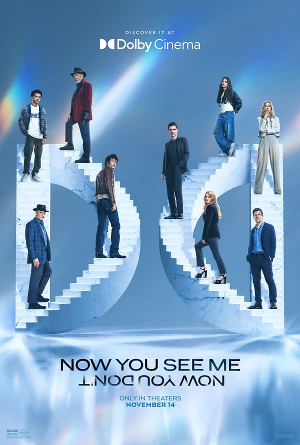 A promotional poster for the film 'Now You See Me: Now You Don't,' featuring a diverse group of characters standing on stylized marble stairs with a gradient blue background. The poster includes the Dolby Cinema logo and the film's release date, November 14.
