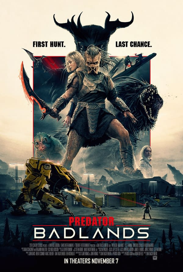 A movie poster for "Predator: Badlands" featuring a fierce warrior with a sword, a menacing creature, and a futuristic mechanical figure. The tagline reads "First Hunt. Last Chance." and the release date is November 7.