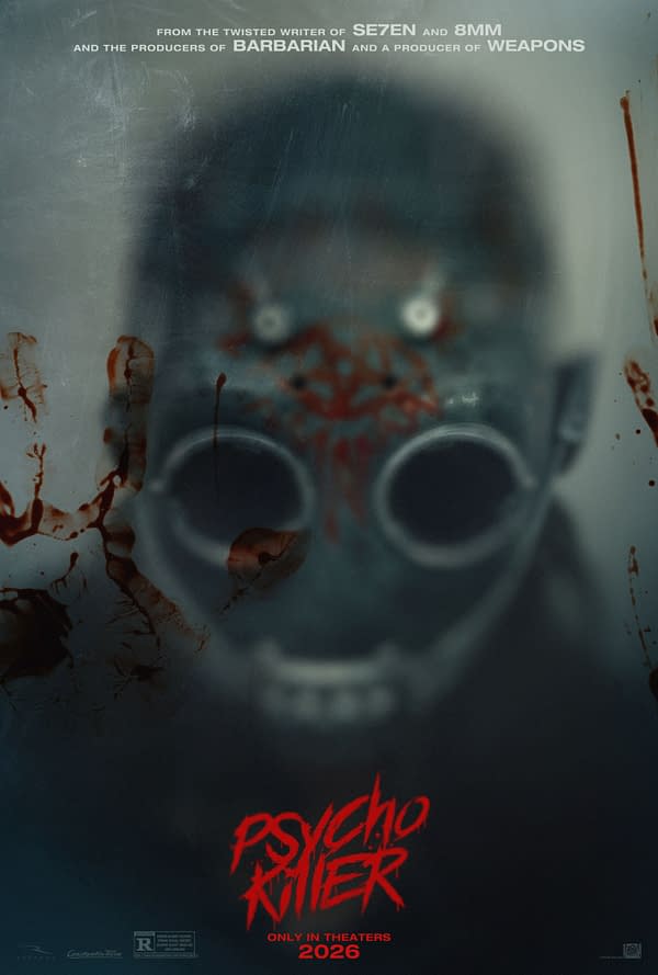 A dark, moody poster for the film 'Psycho Killer,' featuring a blurred figure wearing a gas mask with blood splatter and a disturbing handprint visible. The title is displayed prominently in red, along with the release year '2026'.
